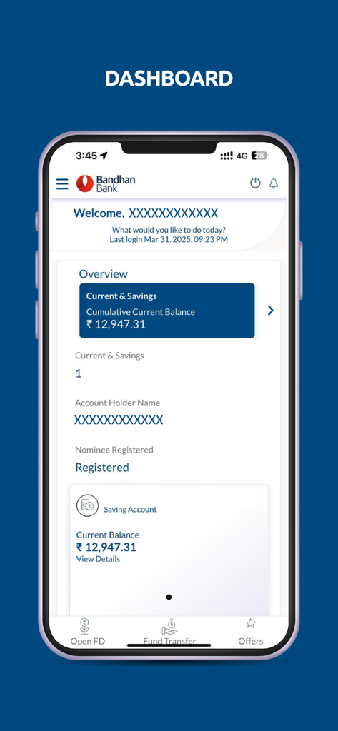 mBandhan - mBandhan mobile app dashboard displaying account overview and balance
