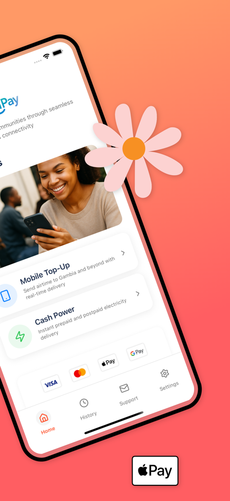 AfriiPay - AfriiPay app interface showing options for mobile airtime top up and electricity bill payments