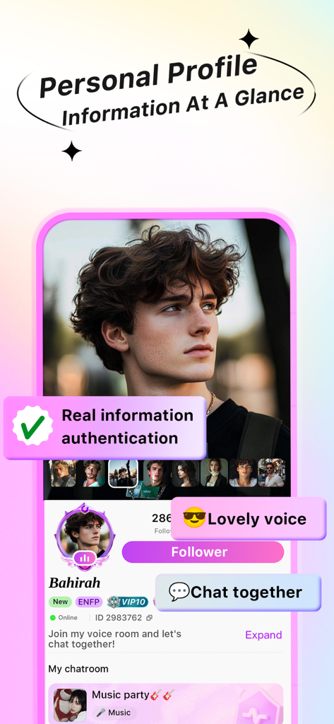 Piko: Voice Chat & Party - Interface of Piko app displaying a verified user profile with authentication badge and voice chat features.