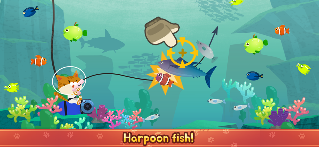 The Fishercat - A cartoon cat in a diving suit aims a harpoon at colorful fish underwater