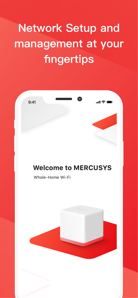 A smartphone displaying the Mercusys app welcome screen for whole-home mesh Wi-Fi network setup and management.