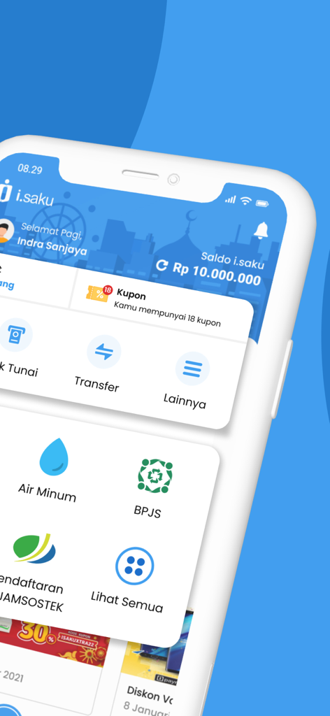 Dashboard of the i.saku mobile wallet app displaying account balance and financial service icons like transfer and utility payments