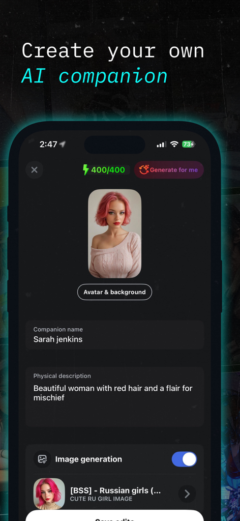 Interfaz para crear un compañero AI personalizado llamado Sarah Jenkins con descripción física y configuración de avatar.