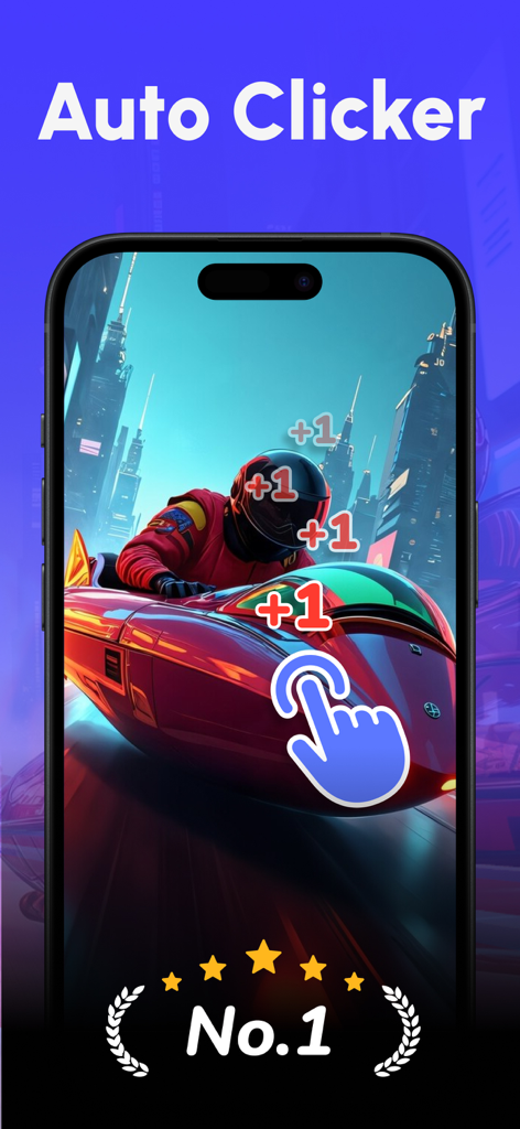 Auto Clicker : Automatic Tap ◎ - Auto Clicker app screenshot showing a hand icon simulating automatic taps on a mobile racing game
