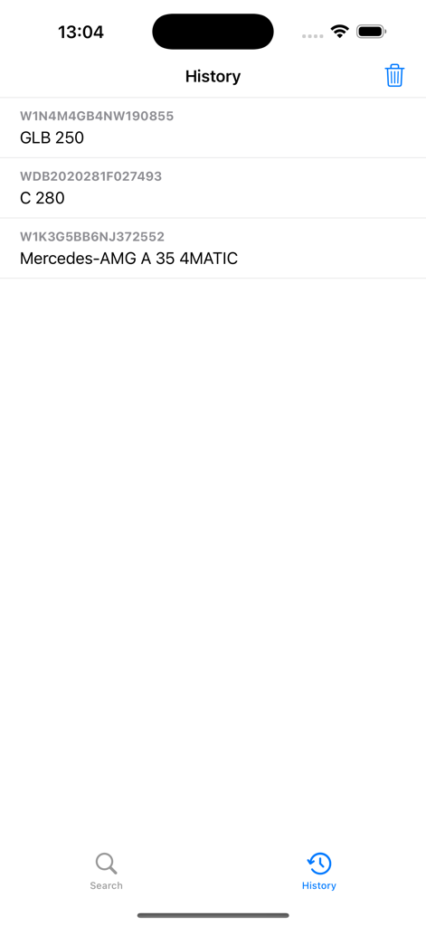 VIN decoder for Mercedes-Benz - Pantalla de historial que muestra una lista de VIN y modelos de Mercedes-Benz decodificados