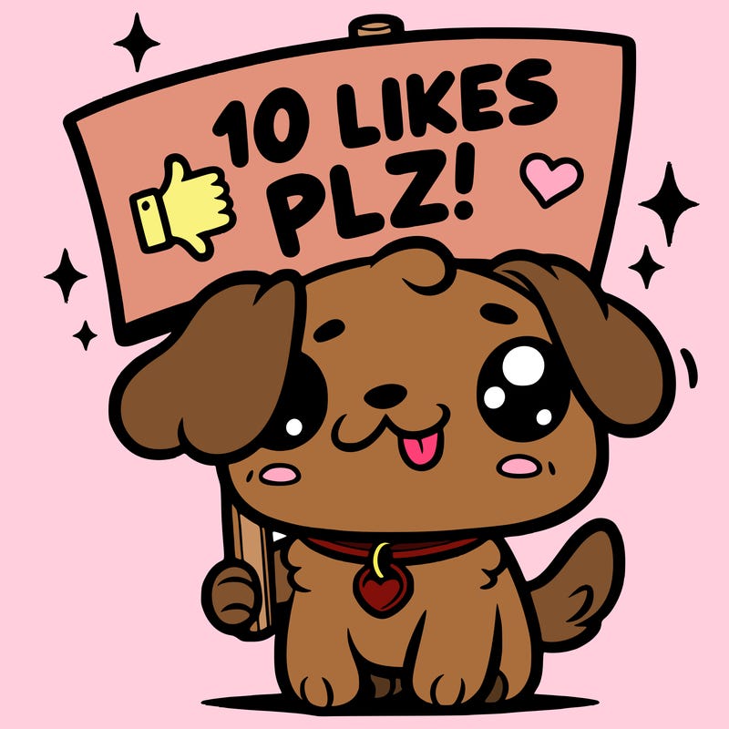 cute dog holding up a sign saying 10 likes plz!