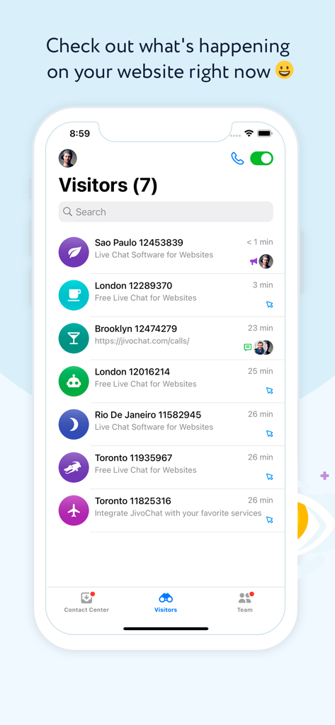 JivoChat mobile app interface displaying real time website visitor monitoring with location and session duration