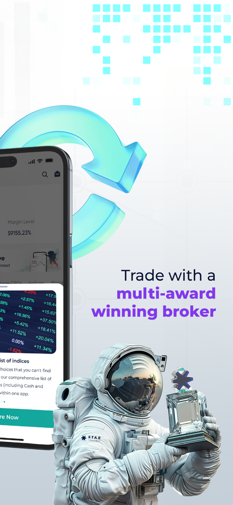 Un astronauta sosteniendo un trofeo junto a un teléfono inteligente que muestra la interfaz de la aplicación de operaciones en línea STARTRADER