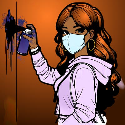 realistic girl with mask spray painting a wall