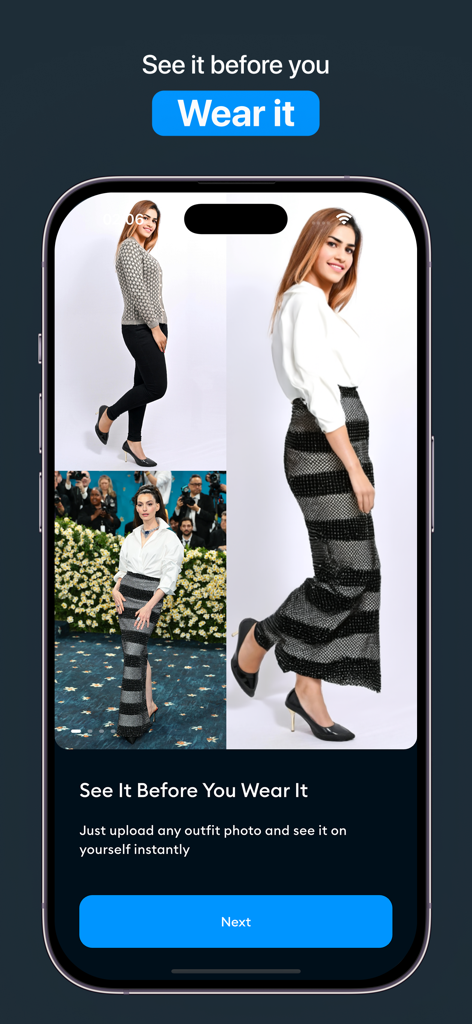 A mobile app interface showing a woman virtually trying on a celebrity outfit using AI technology
