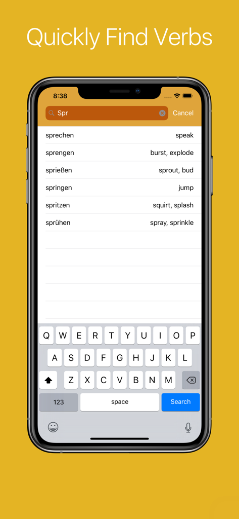 German Verb Conjugator - Search interface of the German Verb Conjugator app showing a list of verbs and their English translations.