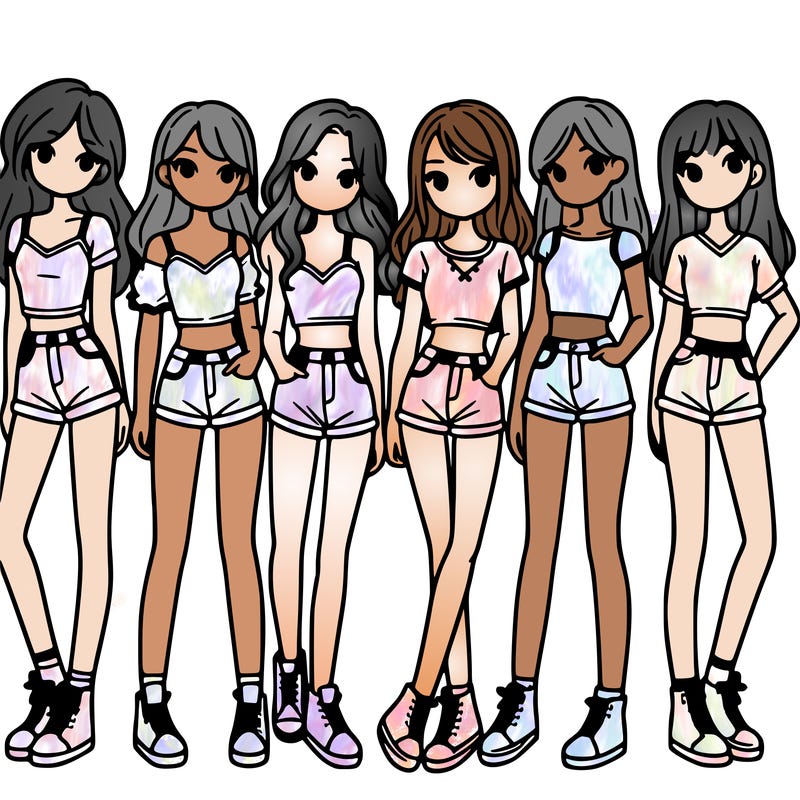 a group of girls wearing crop tops and shorts