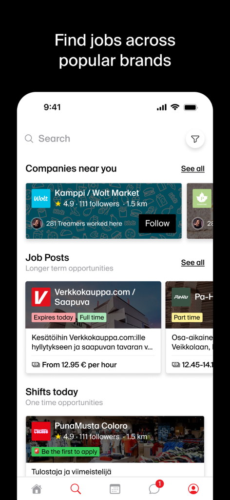 Treamer - Treamer app interface showing companies near you, long-term job postings, and daily shifts for frontline workers.