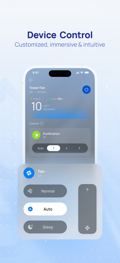 DREO - Smartphone displaying the DREO app interface for controlling a tower fan and monitoring air quality