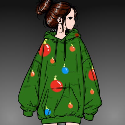 realistic girl with a oversized sweatshirt on and a bun