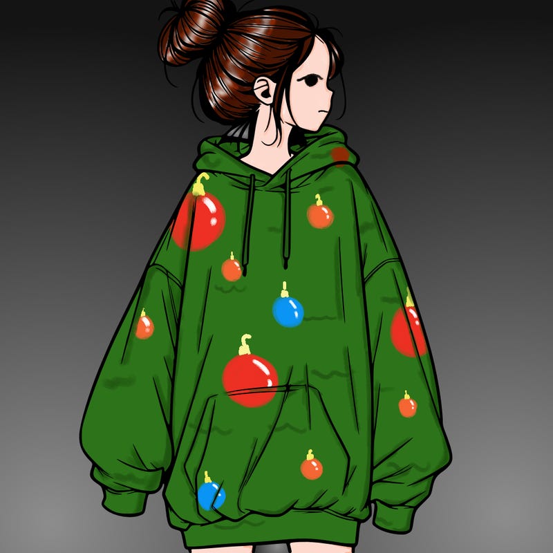 realistic girl with a oversized sweatshirt on and a bun