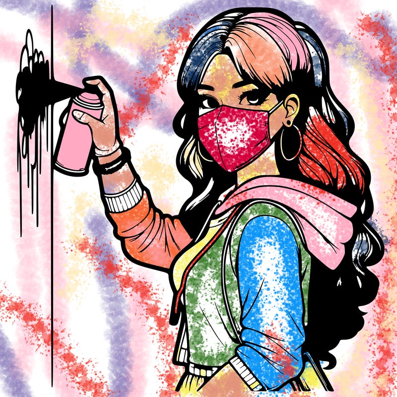 realistic girl with mask spray painting a wall