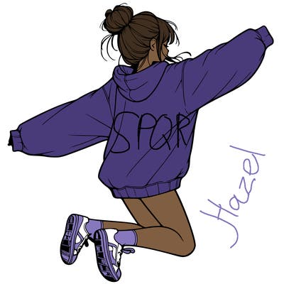 realistic girl jumping with a bun and oversized sweatshirt