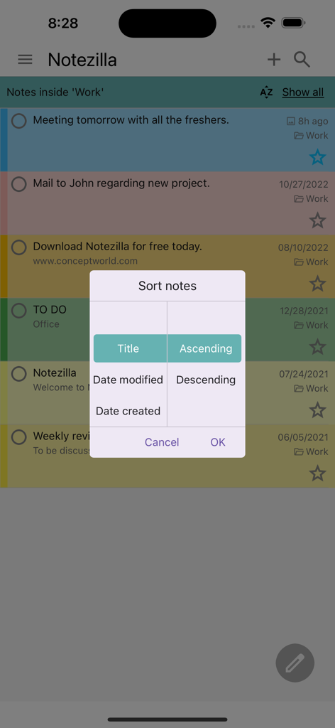 Notezilla - Notes & Reminders - Menú de opciones de ordenación en la aplicación Notezilla mostrado sobre una lista de notas codificadas por colores