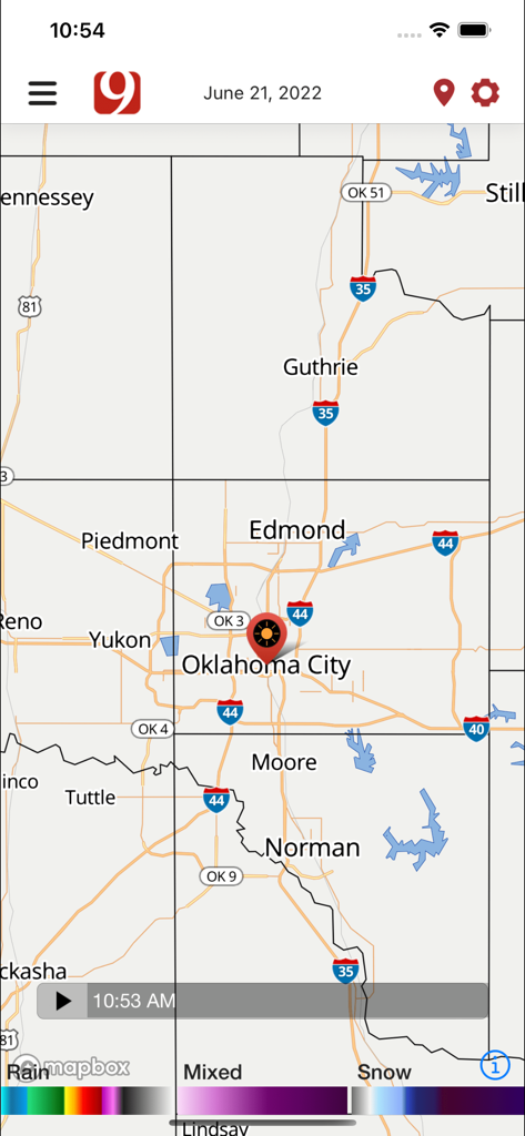 News 9 Weather app displaying a local weather radar map centered on Oklahoma City and surrounding suburbs.