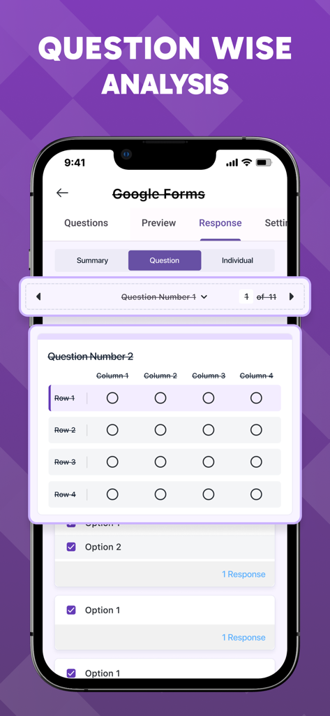 Googleフォームの回答に関する質問ごとの分析を表示するモバイル画面