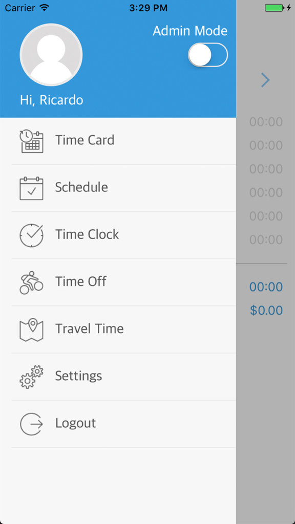 The navigation sidebar of the Easy Clocking app displaying user profile and menu options like Time Card and Schedule