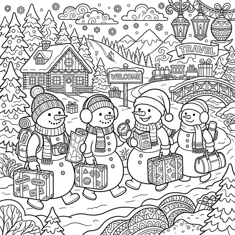 Bundle up and join a delightful group of festive snowmen embarking on their dream winter vacation! This charming coloring page is brimming with cozy details, from travel gear to snowy landscapes, inviting you to add your unique splash of color.