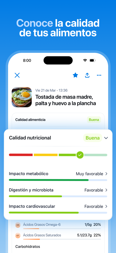 Pulso AI: Nutrición Saludable - A screen from the Pulso AI app analyzing the nutritional quality and metabolic impact of a meal with sourdough toast, avocado, and egg.