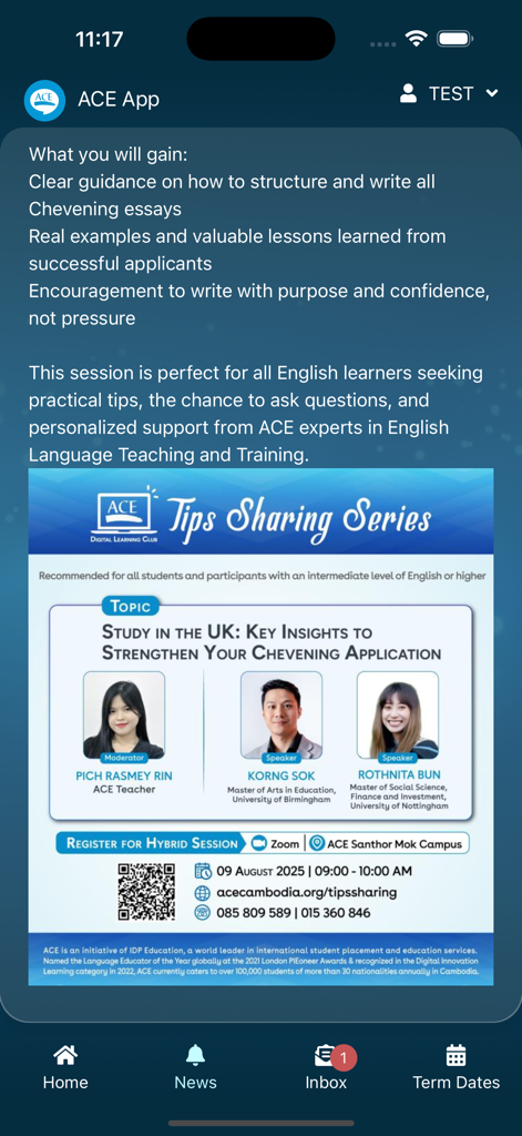 ACE App (Cambodia) - ACE App Cambodia news screen featuring a webinar announcement for Chevening scholarship applications and studying in the UK.