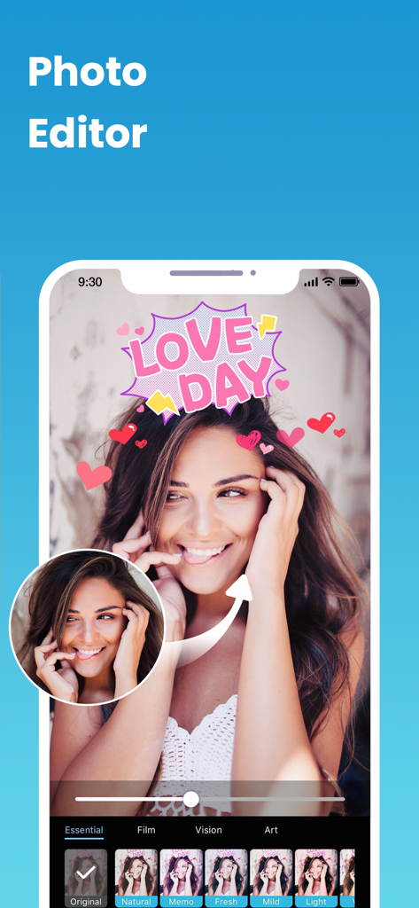 InCalc - InCalc app interface showing a photo editor with filters stickers and a picture of a smiling woman
