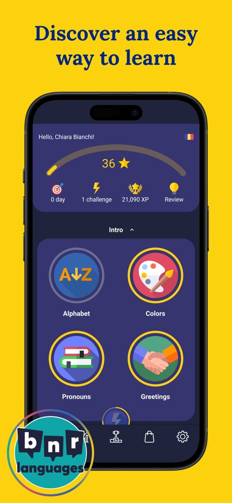 Tela de lição introdutória do aplicativo Aprenda Romeno mostrando categorias para Alfabeto Cores Pronomes e Saudações