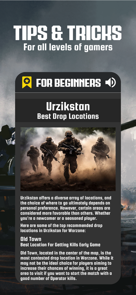 Tips and tricks screen for beginners explaining best drop locations in Urzikstan for Warzone