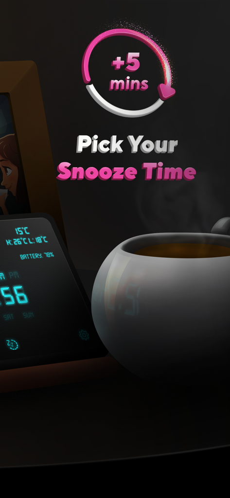 Alarm Clock: Music Sleep Timer - Customizable snooze time interface for an alarm clock app on a bedside table.