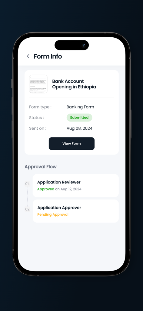 Unite.et - Interface of the Unite.et app showing the status and approval flow of a bank account opening form for Ethiopia.