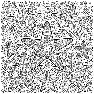 Celebrate Easter with a unique underwater twist! This intricate adult coloring page features beautifully detailed sea stars adorned with festive spring motifs, offering a relaxing and creative escape.