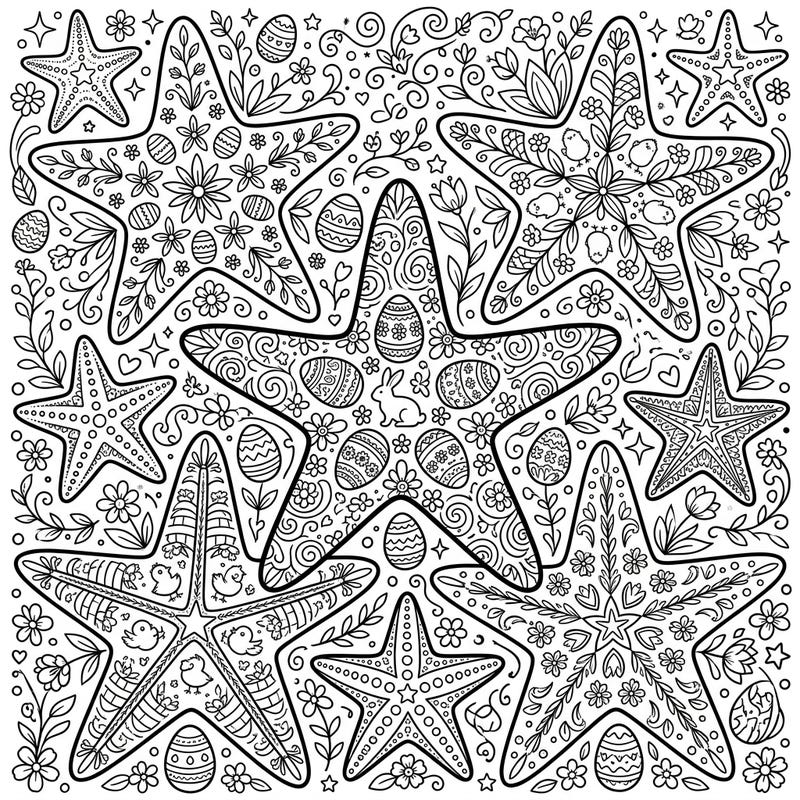 Celebrate Easter with a unique underwater twist! This intricate adult coloring page features beautifully detailed sea stars adorned with festive spring motifs, offering a relaxing and creative escape.