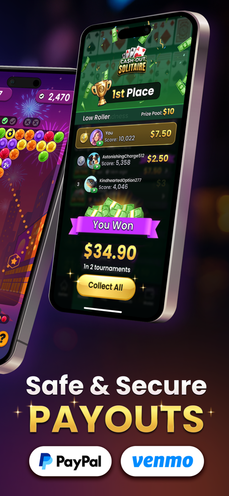 Cash Out Club - Win Real Money - Mobile app screen showing a first place win in solitaire and secure payout options via PayPal and Venmo
