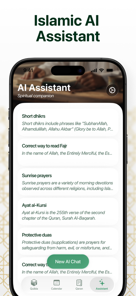 Qibla Finder & Mecca Compass - Interface de l'assistant IA islamique pour des conseils spirituels et de l'aide à la prière
