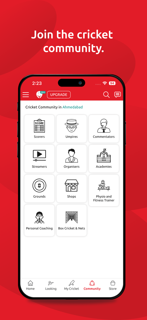 A screen from the CricHeroes app displaying a directory for the cricket community including scorers umpires and grounds