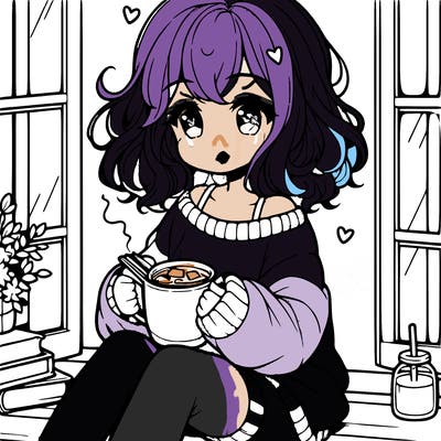 cute anime girl reading book and drinking hot chocolate from mug with loose wavy hair wearing a baggy sweatshirt and shorts sitting by windowsill looking out