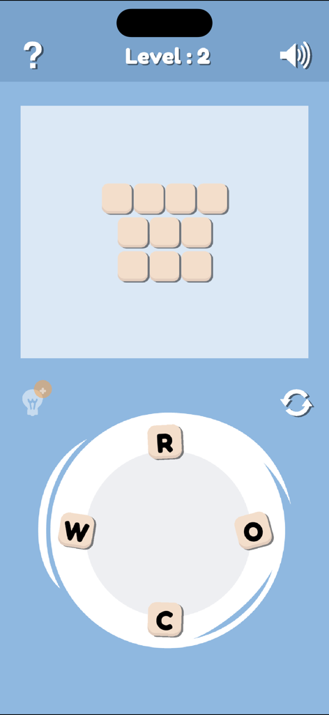 Una pantalla de juego móvil de Word Chef que muestra una rueda de letras con R O C W y una cuadrícula de palabras vacía para el nivel 2