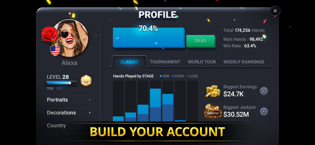 Blackjack Championship - Blackjack Championship player profile screen with stats and achievements