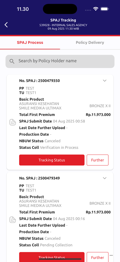 ORION by MSIG Life - Interface of the ORION by MSIG Life app showing the SPAJ tracking screen with policy application statuses and search functionality.