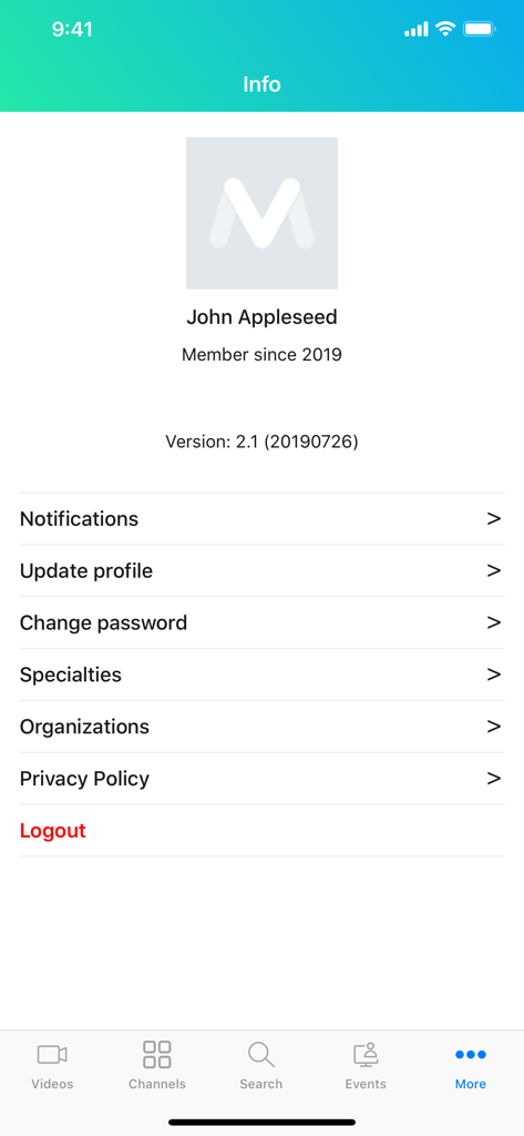 User profile and account settings screen in the VuMedi medical education app