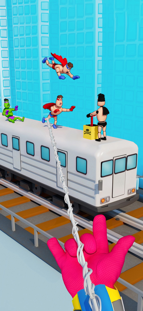 Jugabilidad en primera persona que muestra a un jugador usando una red para capturar un muñeco de superhéroe en un tren de metro