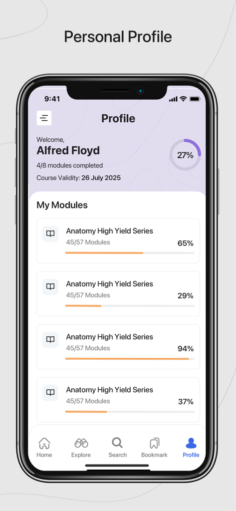 Speed Learning - Speed Learning app personal profile page displaying progress for anatomy modules and overall course completion
