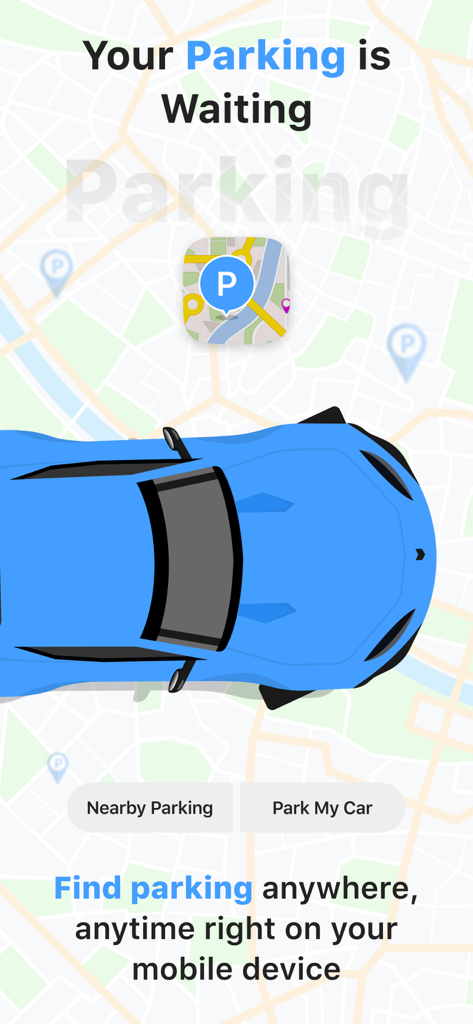 Tela de boas-vindas do aplicativo Parking Point com visualização de mapa, um carro azul e opções para estacionamento próximo e salvar local de estacionamento