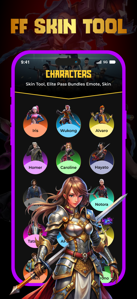 FF Skin Tools Elite Pass - Screenshot, der das Charakterauswahlmenü in der FF Skin Tools Elite Pass App zeigt