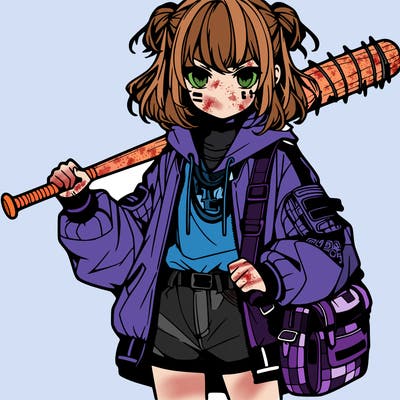 an anime girl with a baseball bat and streetwear