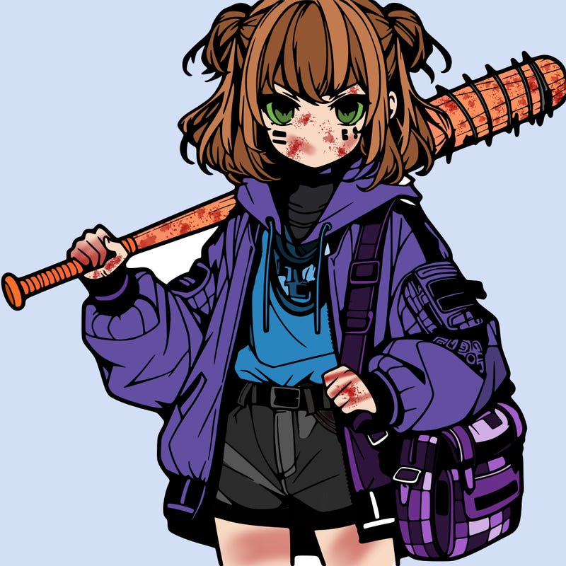 an anime girl with a baseball bat and streetwear